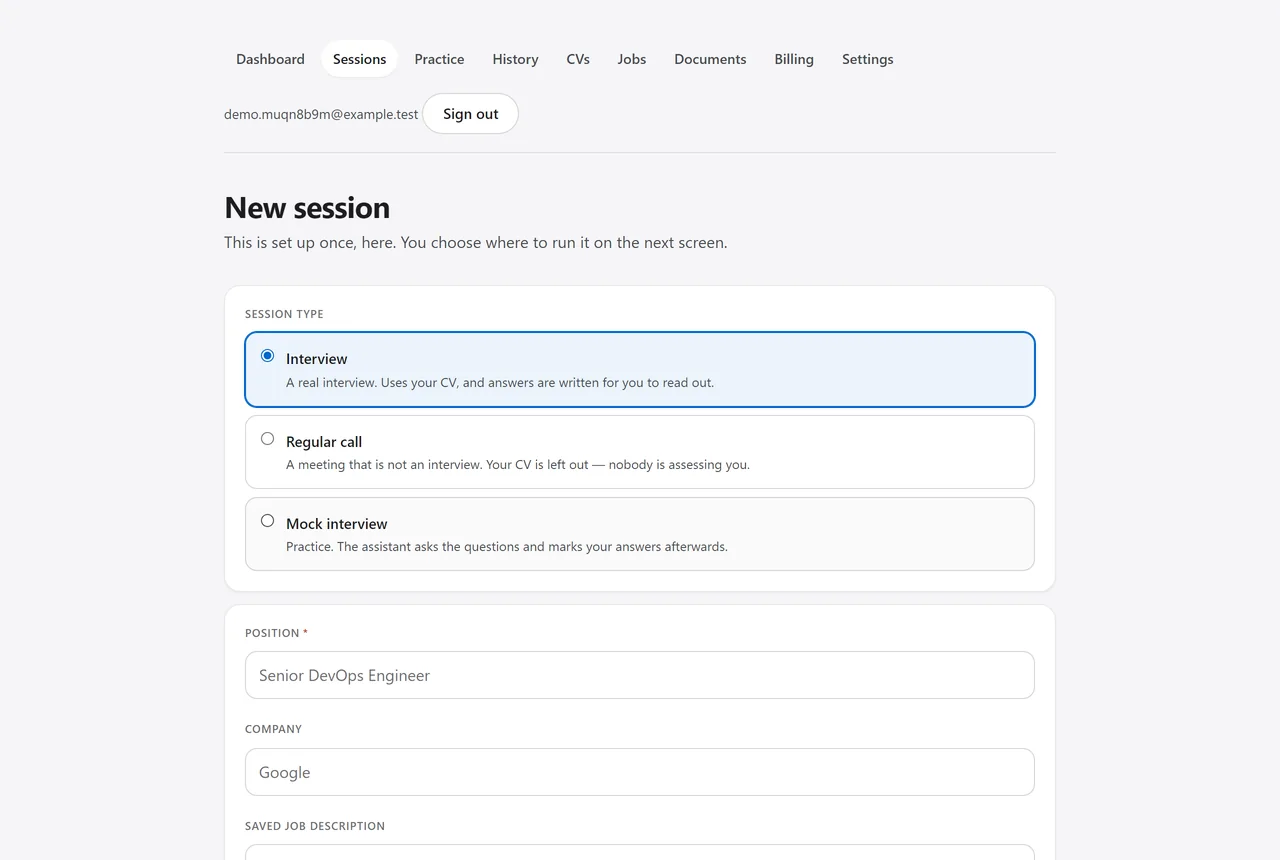 The new session form: company, position, job description, CV, documents, instructions, language and answer settings.