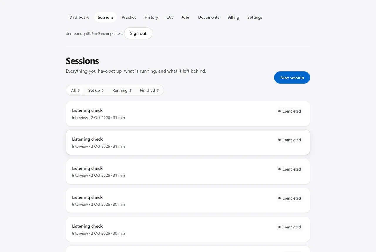 The sessions list: each interview with its company, role, state and the credits it used.
