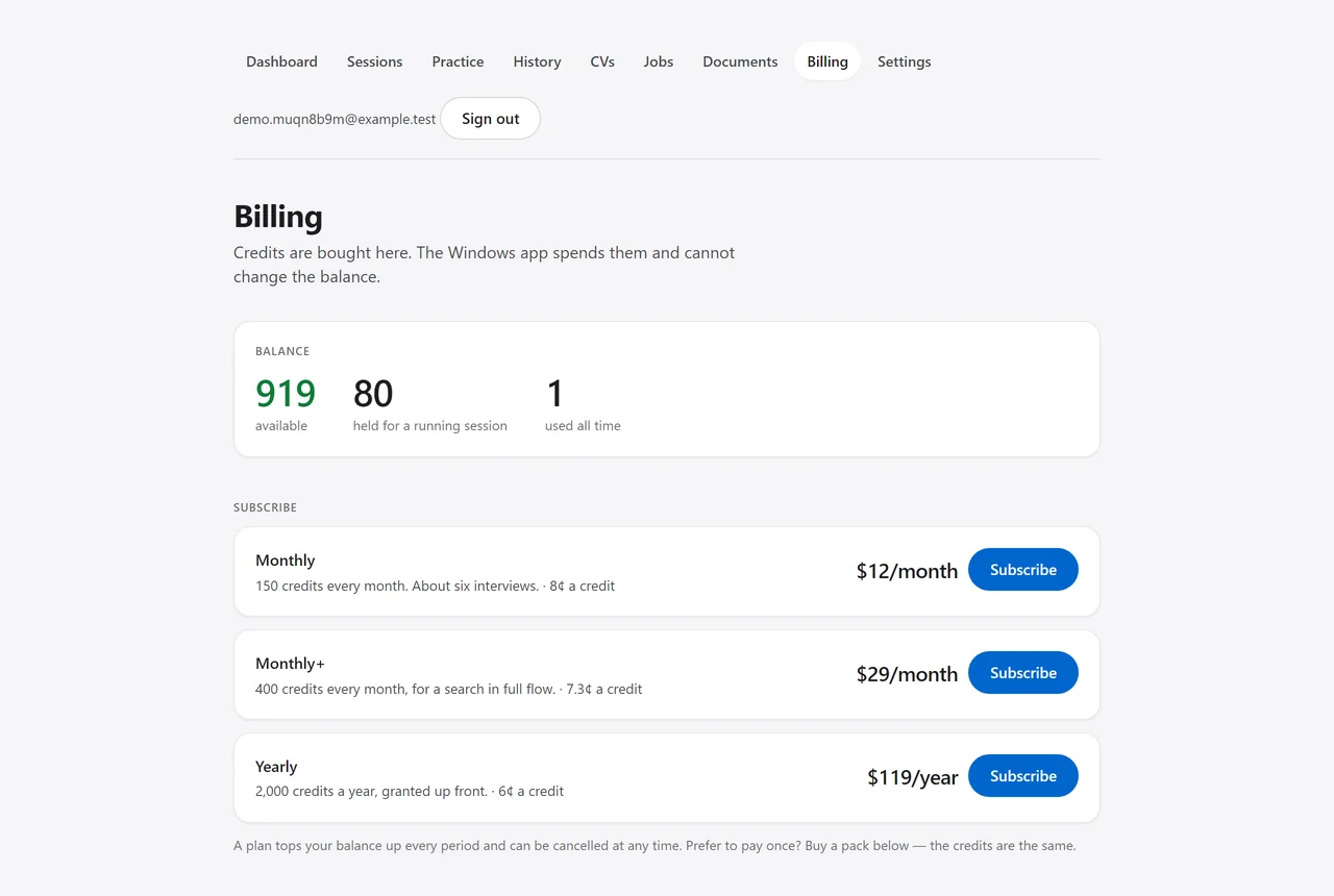 The billing page: the current credit balance, the packs available to buy, and the plans.