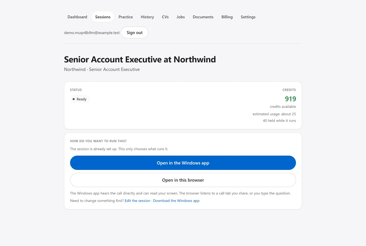 The session-ready screen: the role, the status, the credits available and held, and two buttons — open in this browser, or open in the Windows app.
