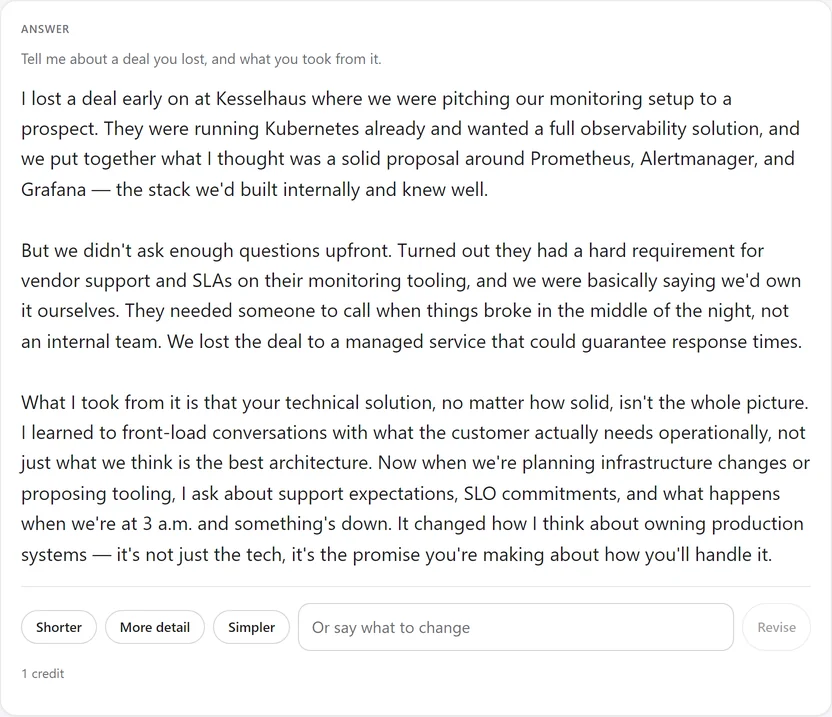 A real answer on screen: the question above it, three paragraphs drawn from the account's own CV, buttons reading shorter, more detail and simpler, a box to say what to change, and the line showing it cost one credit.