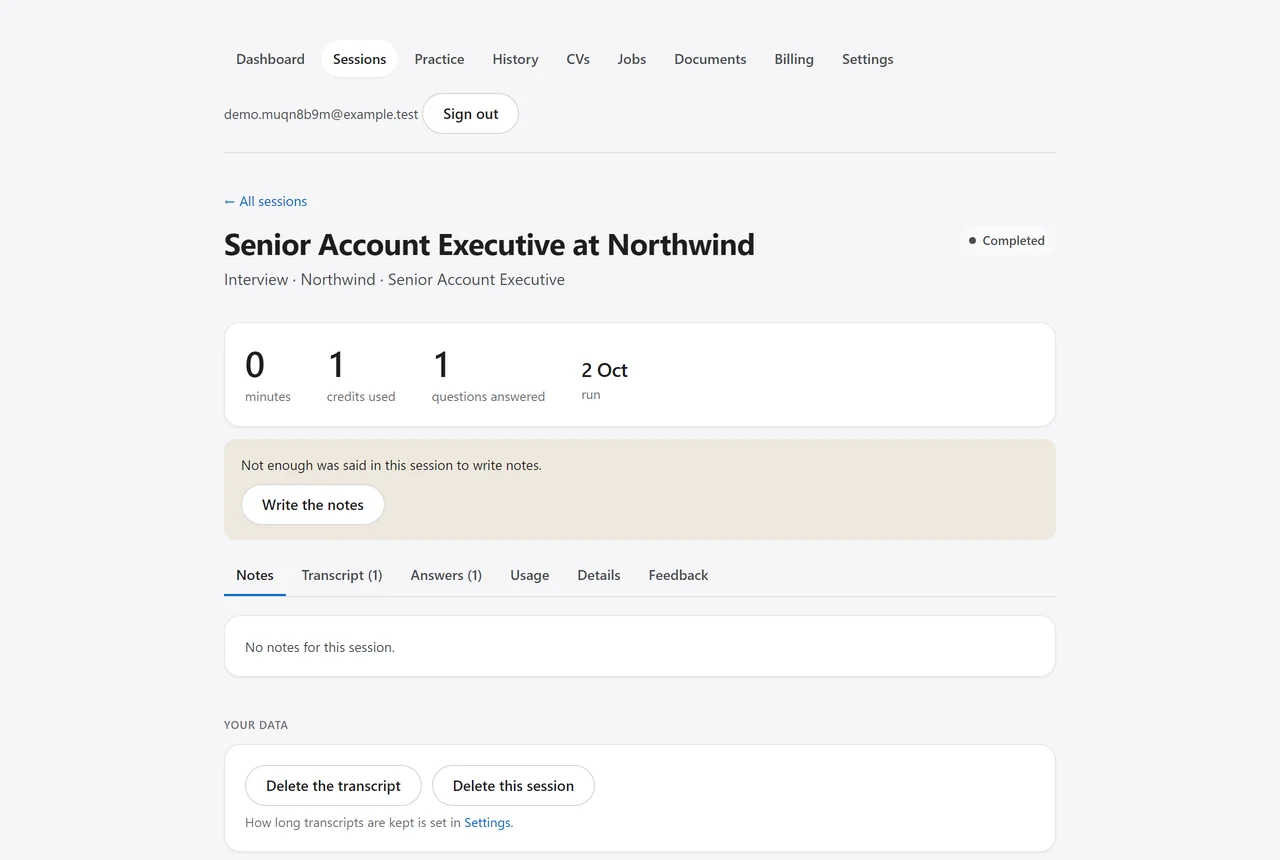 The session after it has ended: the status showing it is processing, and the credits that were settled.